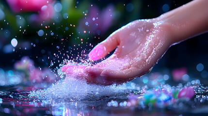Fototapeta premium Hand Touching Glowing Stars on Wet Surface