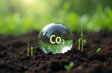 Transparent ball with CO2 formula lies on soil, green plants grows upwards, symbolizing carbon reduction, net zero emission target, circular economy, sustainable strategy, environmental protection.