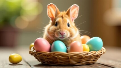 cute and funny Easter Bunny hamster ,Easter Rabbit with colorful Easter Eggs in basket at home