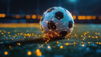 Futuristic soccer ball on a vibrant field at night, illuminated by sparkling lights and glowing particles