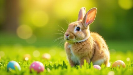 Obraz premium Very fat funny Bunny easter fluffy rabbit on green garden nature background at sunny day, Symbol of easter day