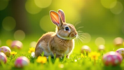 Fototapeta premium Very fat funny Bunny easter fluffy rabbit on green garden nature background at sunny day, Symbol of easter day