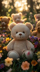 Fototapeta premium Adorable Plush Teddy Bears Resting Among Vibrant Wildflowers, Cozy and Charming
