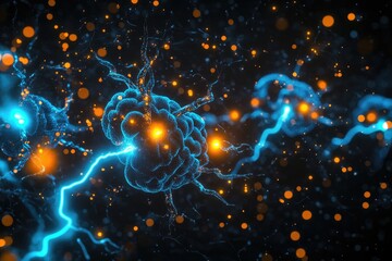 Illuminated neuron network firing, glowing energy pulses