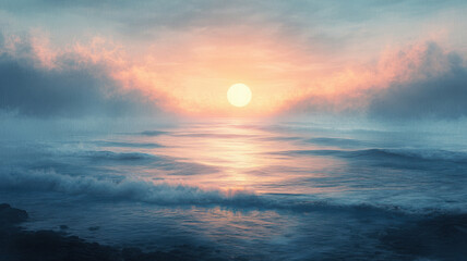 Fototapeta premium Watercolor painting of a foggy seascape at sunrise.