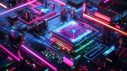 Fototapeta premium Abstract Neon Circuit Board with Glowing Processor Core Components Visualization Featuring Neon Lights,Wiring,and Connections in Vibrant Color Palette Featuring Lines and Patterns That Suggest the