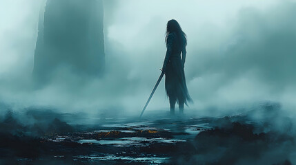 Obraz premium Lone figure, long hair, sword, misty, desolate landscape, mysterious, enigmatic, atmospheric
