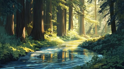 Obraz premium Sunlit river flowing through a serene old-growth forest creating a tranquil scene