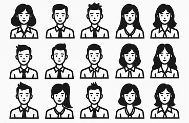 Monochrome business avatar icons of various pro roles in graphical format. Lineup of diverse employees for user profile. Simple minimal design. Design illustration of people. Human resources