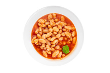 White bean tomato sauce gourmet food background on the table rustic food top view copy space