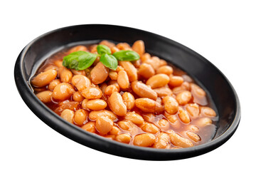 White bean tomato sauce gourmet food background on the table rustic food top view copy space