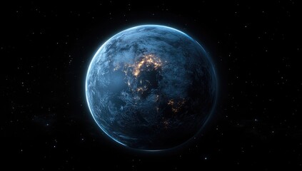 Fototapeta premium Digital rendering of Earth at night, glowing blue and pixelated, set against a starry black background