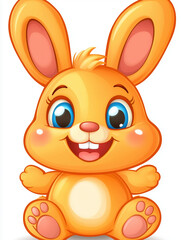 A cute and playful cartoon bunny with bright blue eyes, sitting with its arms outstretched.