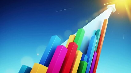 Vibrant bars illustrate a strong upward trend, symbolizing growth and achievement. The bright colors and arrow signify positive progress in business or finance.