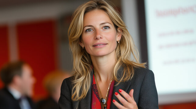 A professional woman in a business setting, with her hand raised and speaking with a calm expression.