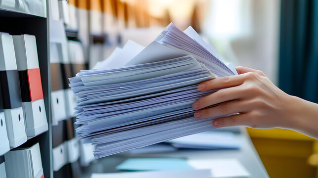 de-focused Organizing office documents for efficient workflow and productivity enhancement