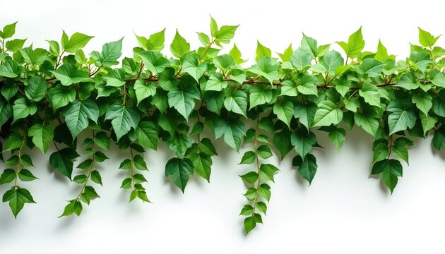 Cutout ivy branch with lush green foliage isolated on white background. Fresh leaves garland with stem and twig. Spring botany plant, nature growth, garden decoration, ingredient. Frame element.