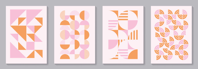 Abstract poster background vector set with geometric vector trendy bauhaus pattern. Pink and orange minimalist cover template for cover design, poster, flyer, social media and interior.