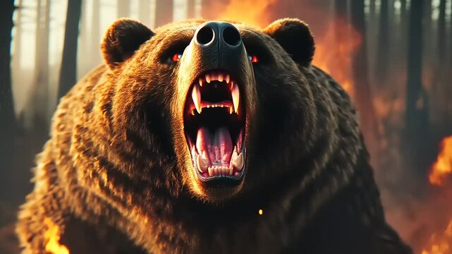 Fierce bear roaring in a forest with a dramatic background of smoke and flames, showcasing nature's power
