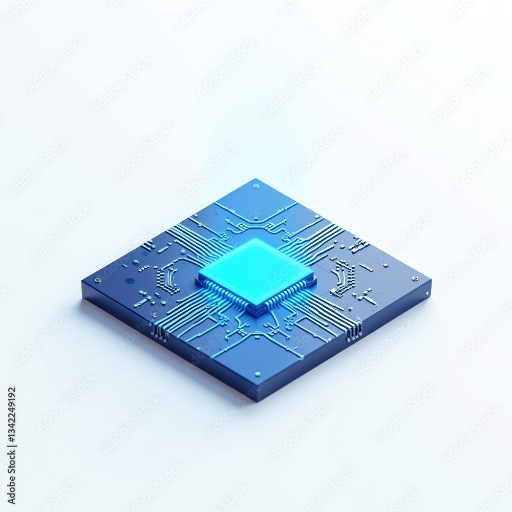 Poster Isometric microchip, futuristic tech in blue tones. Central processing unit, computer processor, electronic circuit, hardware on clean white background. AI, machine learning, modern digital solutions