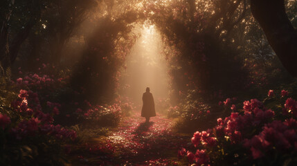 silhouette of a woman walking in the flowery forest