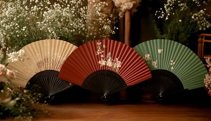 Three decorative paper hand fans displayed amongst floral decorations