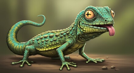 Obraz premium Cartoon Lizard Sticking Tongue Out with Big Eyes in Nature Setting