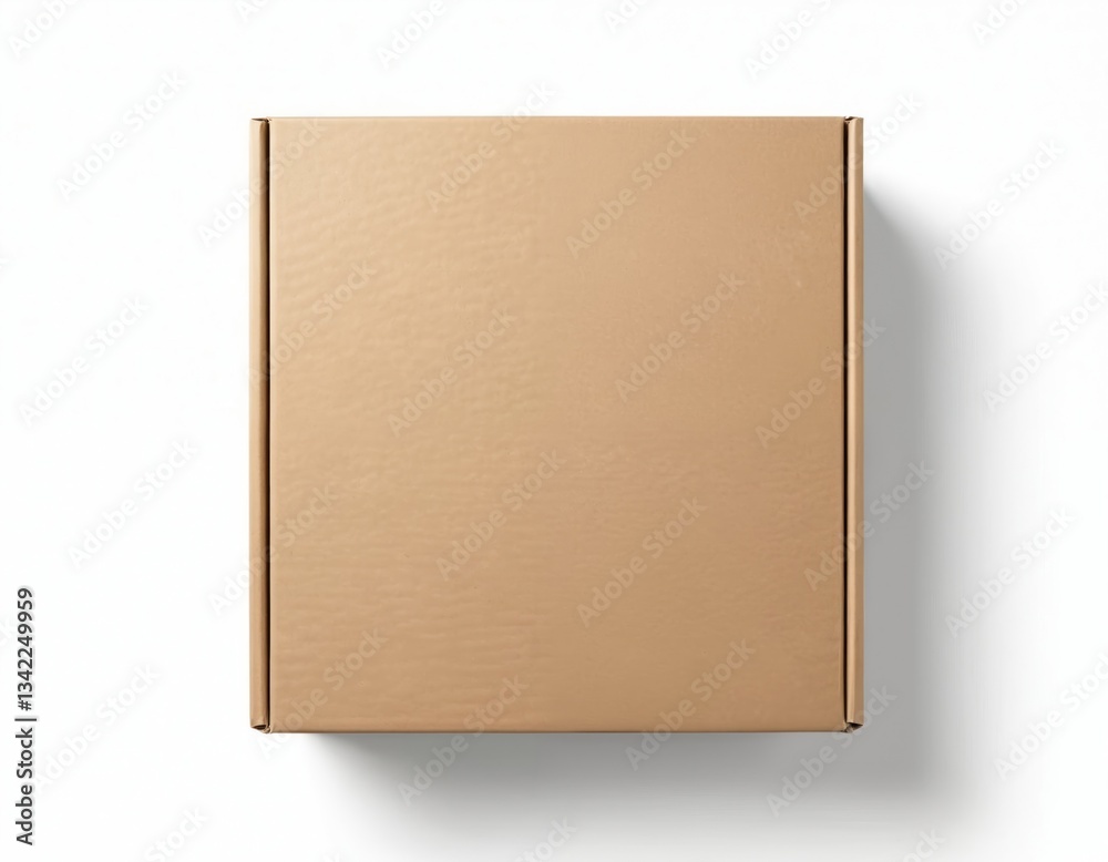Poster top view of blank brown cardboard box on white backdrop. closed carton container, empty inside. mock