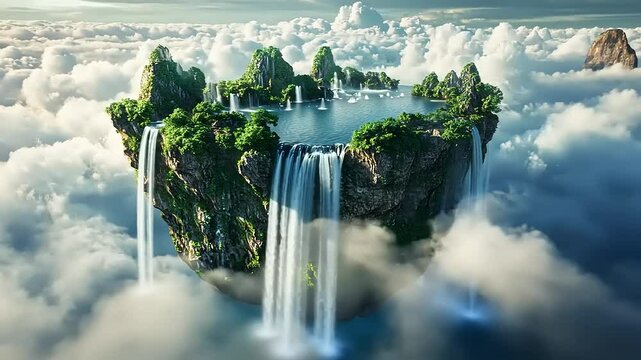 Floating island with lush greenery and waterfalls surrounded by clouds, evoking a serene fantasy landscape