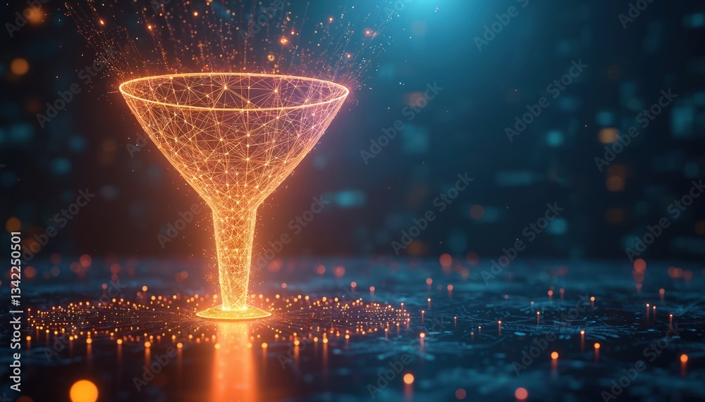 Aufkleber Digital funnel glows with dots, lines on dark blue tech surface. Big data transformation concept. Data collection, analysis in machine learning. Modern visualization of info process, artificial
