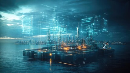 Fototapeta premium Advanced Coastal Metropolis at Night with Glowing Digital Overlayed Structures and Data Streams Through the Air. Digital Art of a Futuristic Cityscape. Cyberpunk Style. Coastal City at Night. Urban