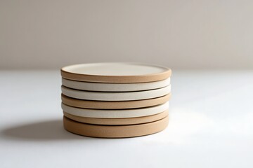 A stack of beige and white ceramic coasters on a white surface.