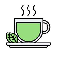Hot green tea and tea leaves icon. Vector.