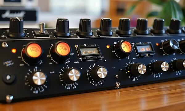 Black audio processing unit with numerous knobs and indicators