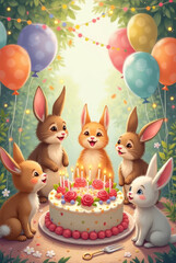 Fototapeta premium Colorful bunnies celebrating with cake and balloons in joyful setting