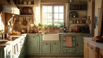 French Provincial Kitchen: Describe a kitchen with distressed wood cabinets, elegant molding, farmhouse sinks, and vintage accessories that capture the essence of the French countryside.