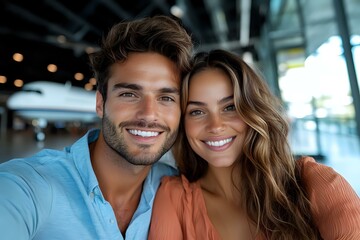 Young diverse couple taking selfie with bright smiles. Hispanic man in blue shirt and mixed race woman in orange top pose together in modern interior setting.