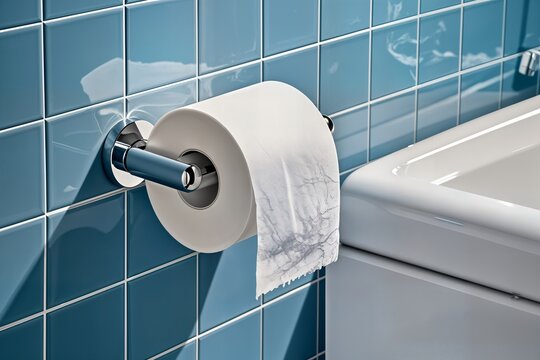 a roll of white toilet paper weighing on a blue wall in the toilet un rollo de papel higi&eacute;nico blanco que pesa sobre una pared azul en el ba&ntilde;o un rouleau de papier toilette blanc pesant tuvalet kağıdı