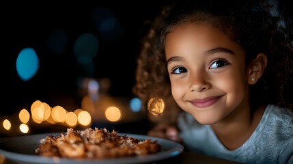 Naklejka premium Young African American girl with curly hair smiling at birthday cake with glowing candles, warm bokeh lights creating magical evening atmosphere, childhood celebration moment.