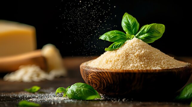 Fresh grated parmesan cheese powder in wooden bowl with basil leaves on dark background. Falling cheese dust creates dramatic culinary atmosphere.