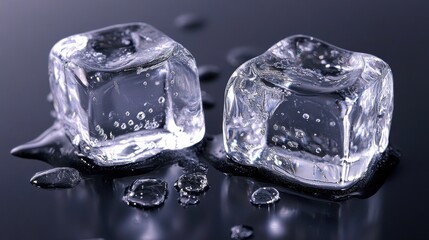 Obraz premium Ice Cubes with Bubbles on Dark Surface, Freshness and Chill Effects