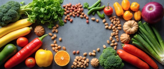 Colorful Vegetables Nuts Healthy Flat Lay, Fresh vegetables and nuts arranged in a circular or oval pattern