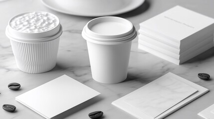 Minimalist office layout with coffee cups, cards, and beans on marble surface