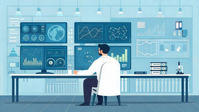 A man leveraging AI-powered tools for scientific research, innovation, and global connectivity, enhancing access to information and data. (ai)