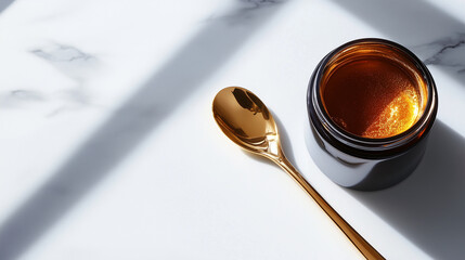 A glowing golden skincare gel inside a frosted glass jar, elegantly placed next to a gold spoon applicator, enhancing the sense of exclusivity and refinement.