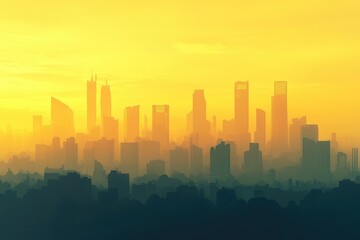 Fototapeta premium Warm-toned city skyline at sunrise or sunset, hazy atmospheric perspective, dark silhouettes of buildings against a yellow sky