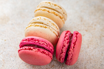 Macaroon cake sweet almond dessert gourmet food background on the table rustic food top view copy space