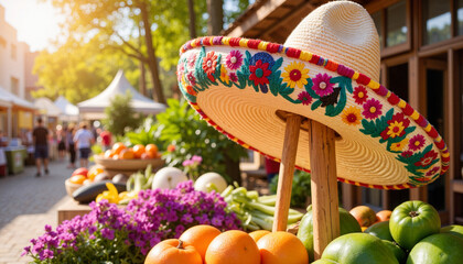 Festive sombrero among fresh fruits at outdoor market