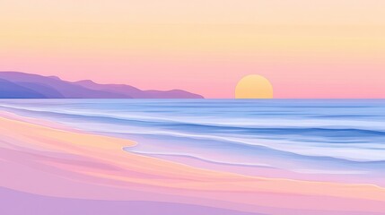 Serene Beach Sunset with Soft Pastels and Gentle Waves at Dusk