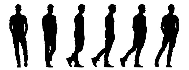 Vector concept conceptual black silhouette of an young man walking from different perspectives isolated on white. A metaphor for casual, fashion, relaxation, leisure and lifestyle